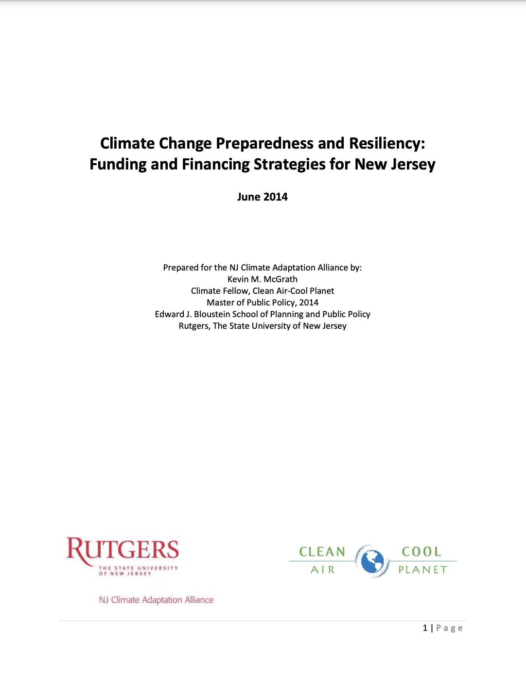 Climate Change Preparedness and Resiliency: Funding and Financing Strategies for New Jersey